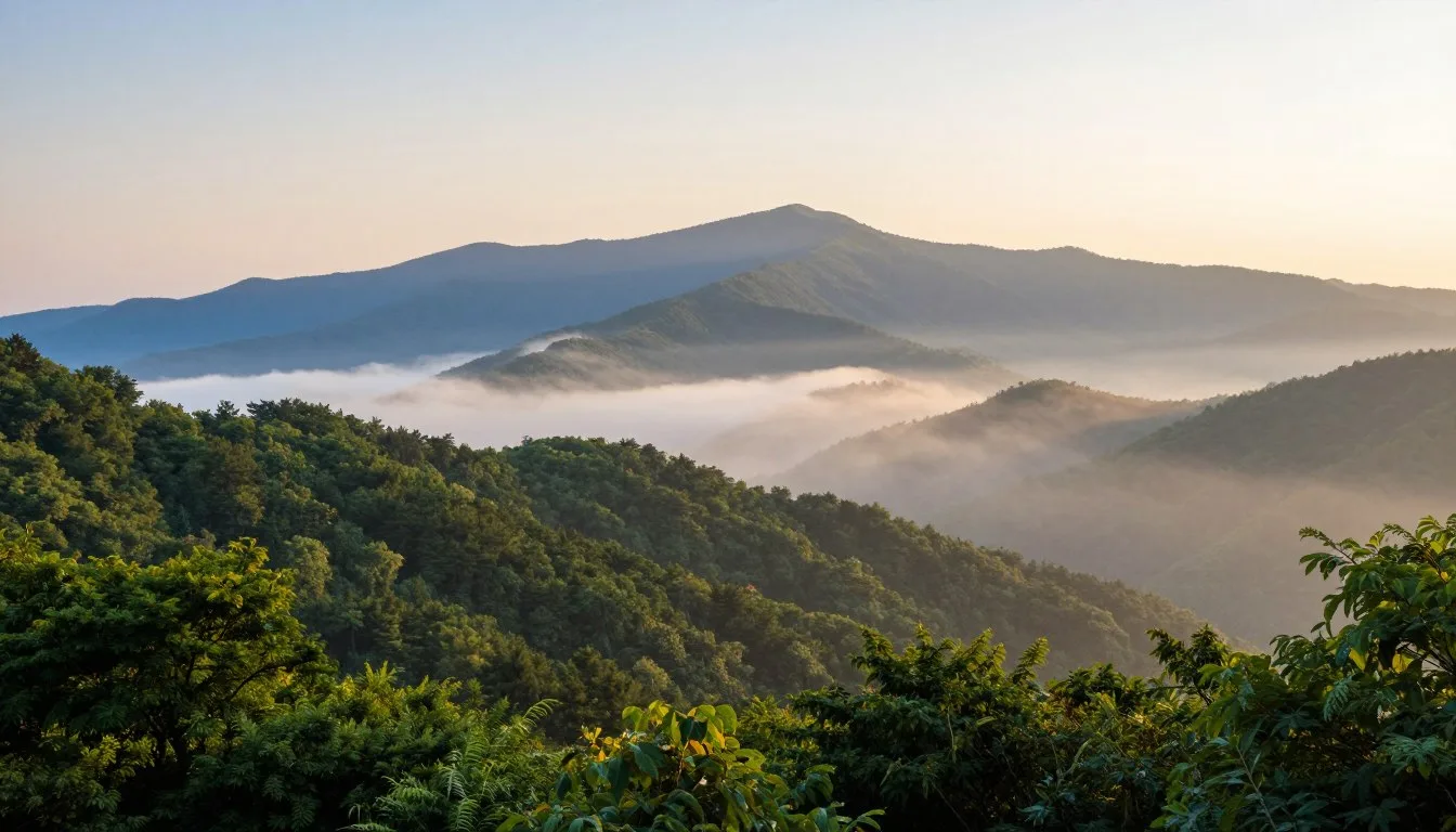 Misty morning view of Great Smoky Mountains with layers of blue ridges covered in fog