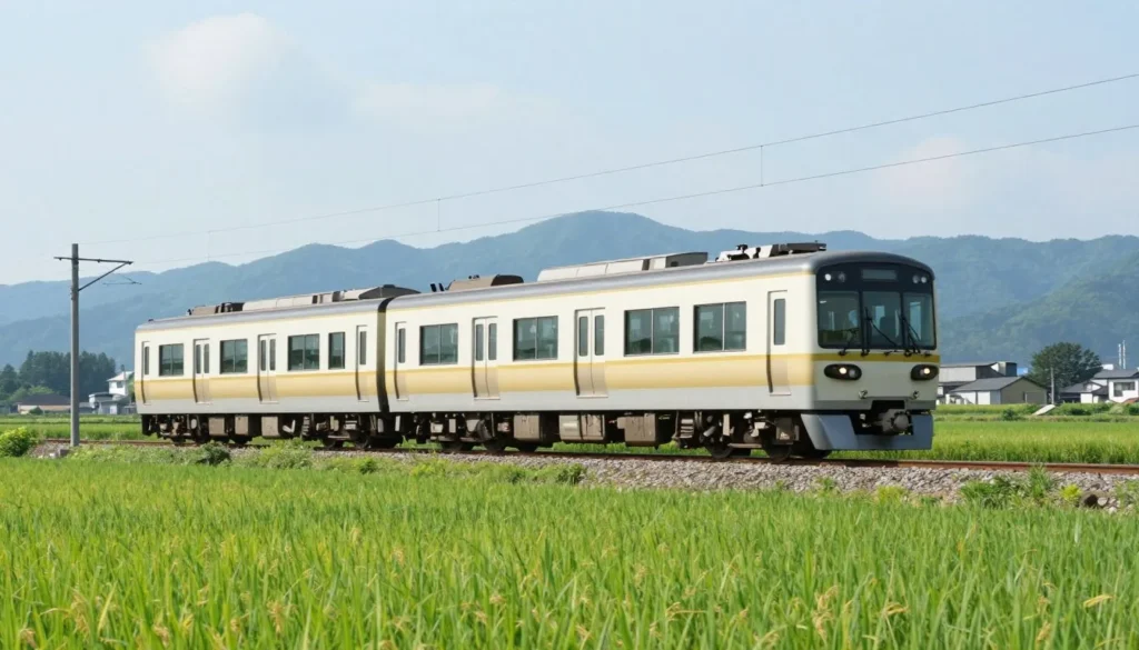 Modern Japanese train traveling through countryside with green fields and mountains in background Modern Japanese train traveling through countryside with green fields and mountains in background