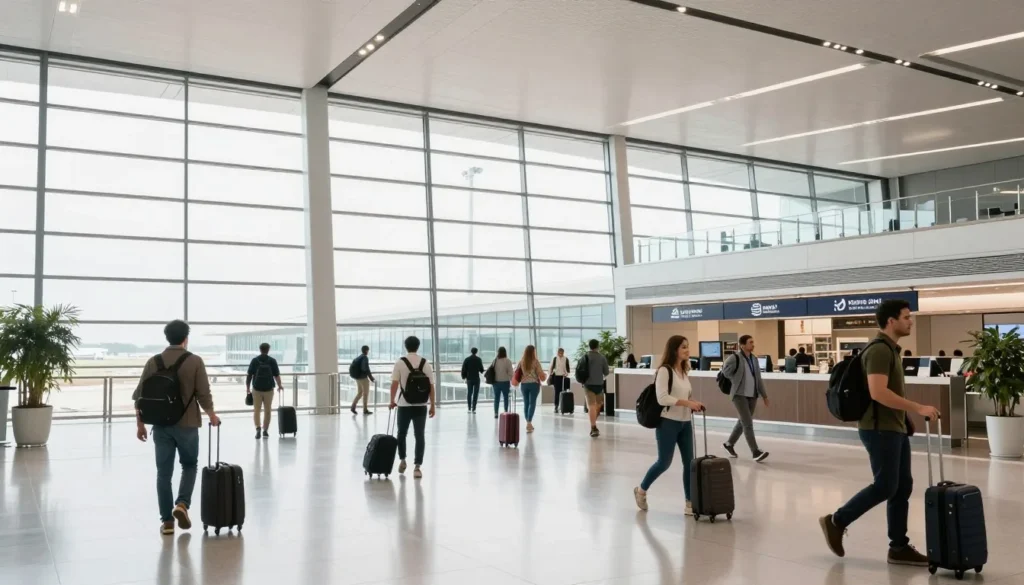 Modern Kansai International Airport terminal interior with travelers Modern Kansai International Airport terminal interior with travelers