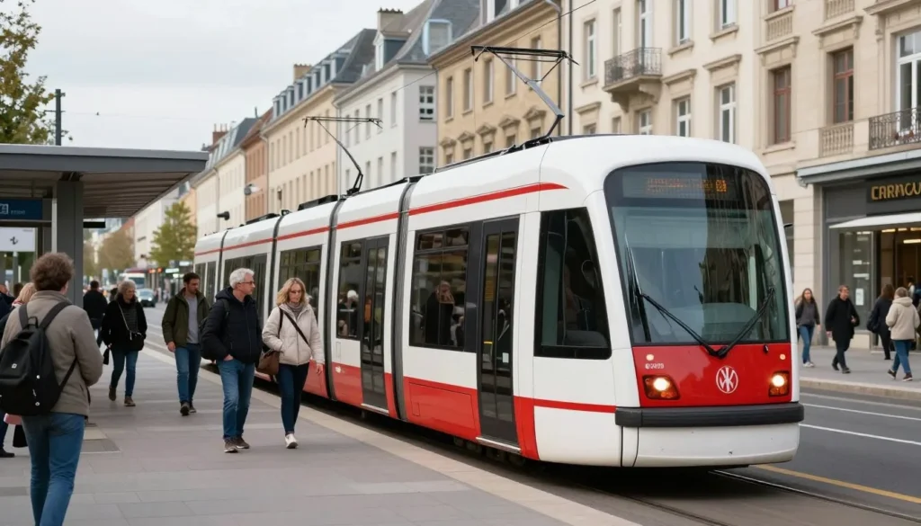 Modern Luxembourg City tram on Avenue de la Liberté with passengers boarding