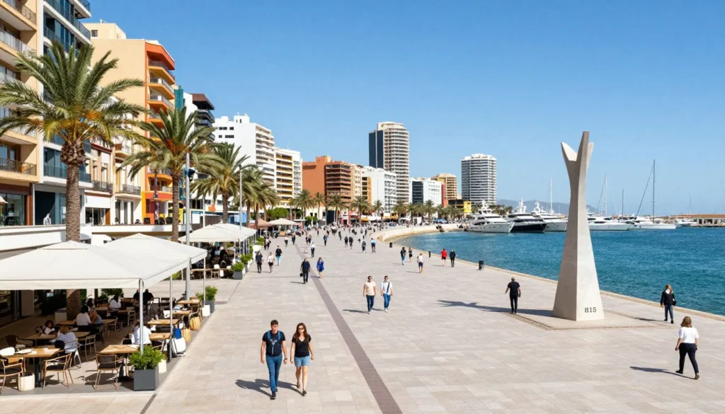 Modern Malaga port area with palm trees and waterfront promenade