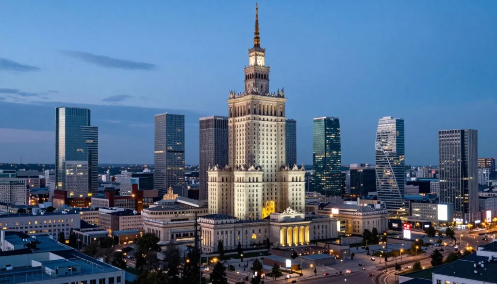 Modern Warsaw skyline with the Palace of Culture and Science building surrounded by contemporary skyscrapers
