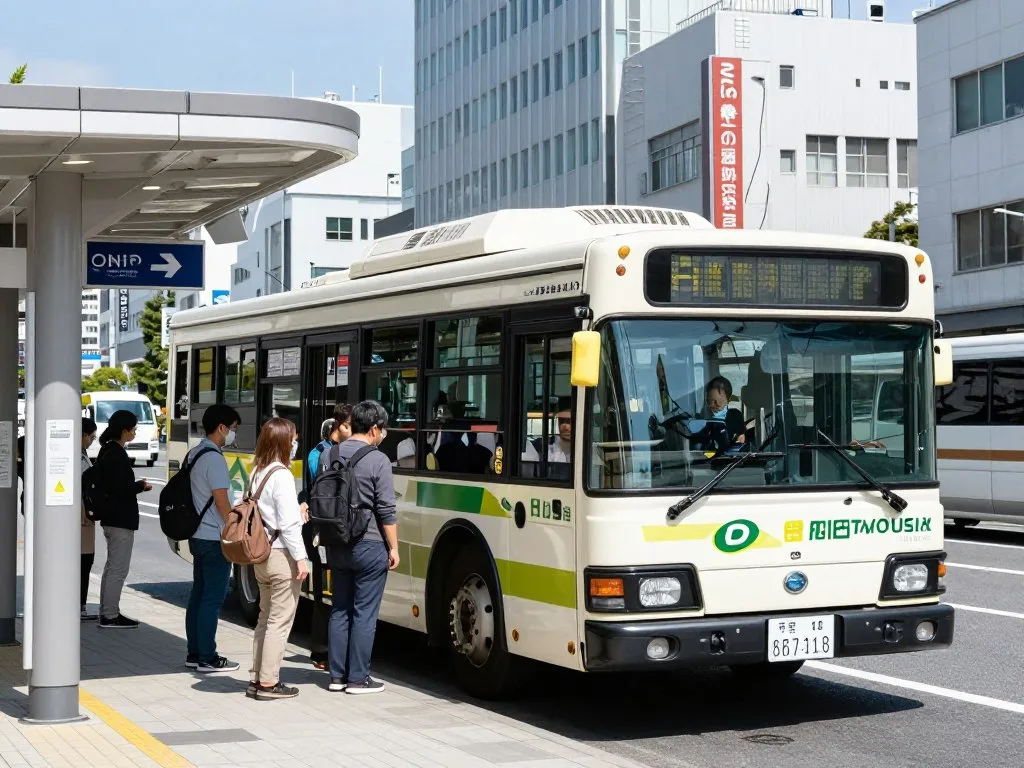 Modern city bus at Oita station terminal on sunny day