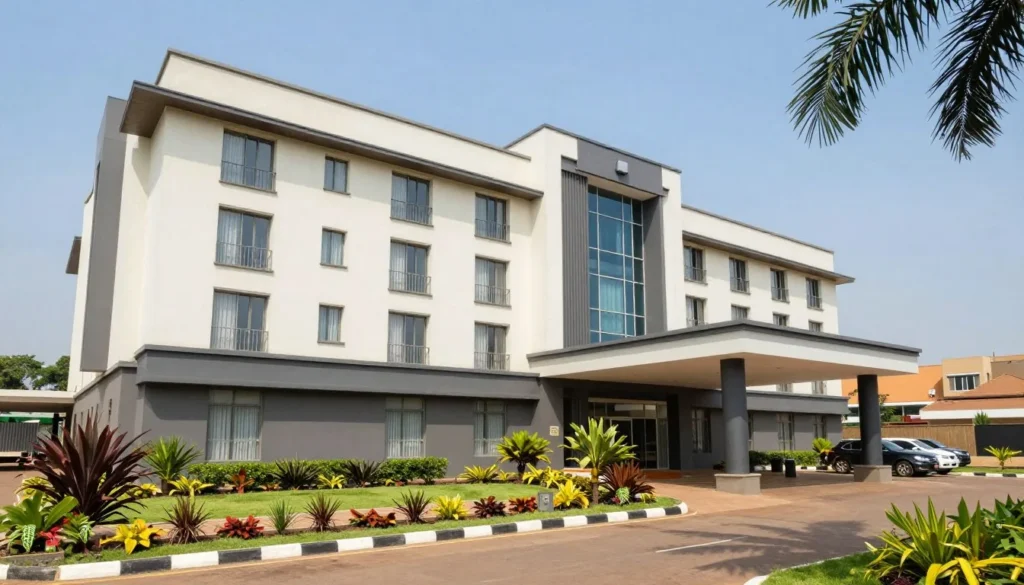 Modern hotel exterior with landscaped gardens in Yaounde