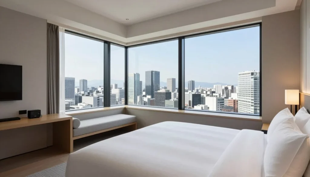 Modern hotel room in Fukuoka with city view through large windows and comfortable furnishings Modern hotel room in Fukuoka with city view through large windows and comfortable furnishings
