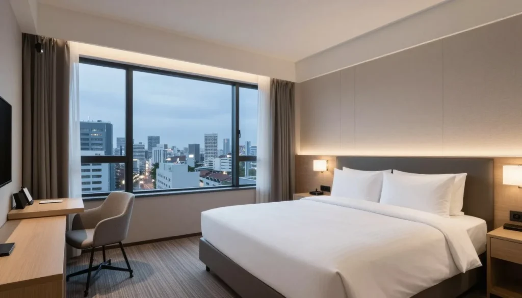Modern hotel room in Oita City with city views and comfortable furnishings