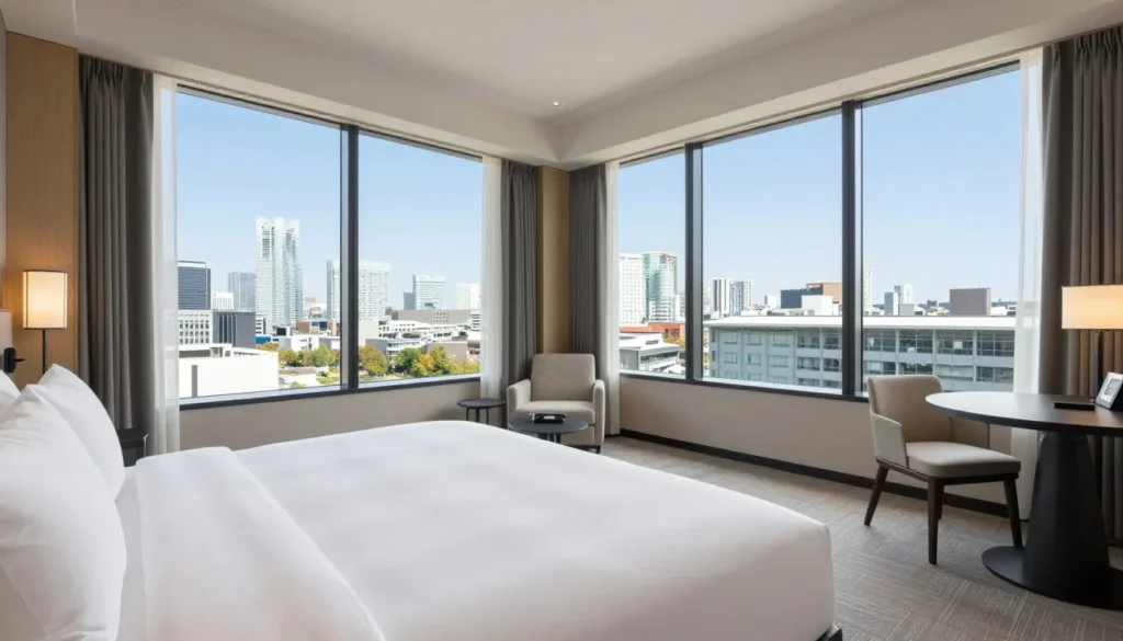 Modern hotel room with large window overlooking Yokohama cityscape