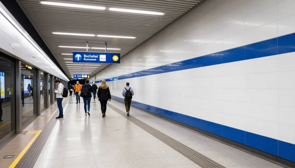 Modern metro station in Bucharest with clean platforms and passengers waiting Modern metro station in Bucharest with clean platforms and passengers waiting