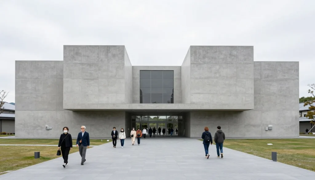 Modern museum building with distinctive architecture and visitors entering the main entrance Modern museum building with distinctive architecture and visitors entering the main entrance