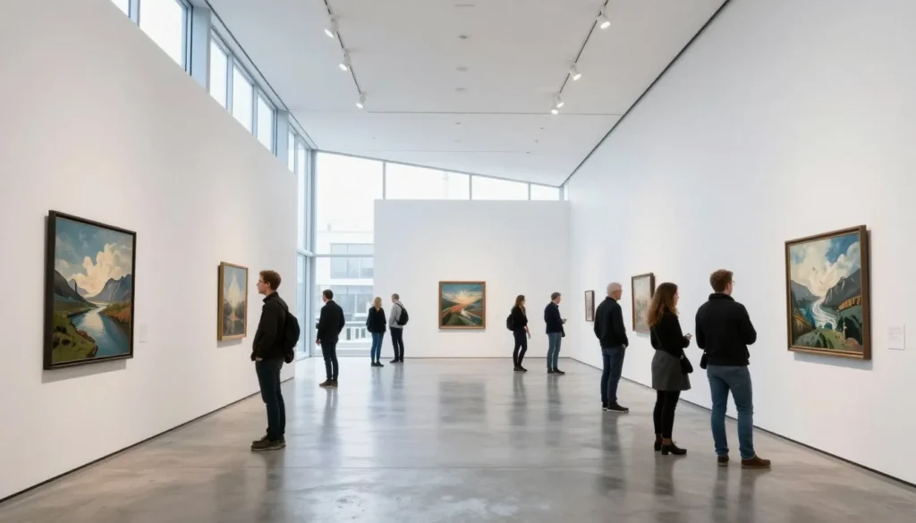 Modern museum gallery interior with Icelandic art exhibitions