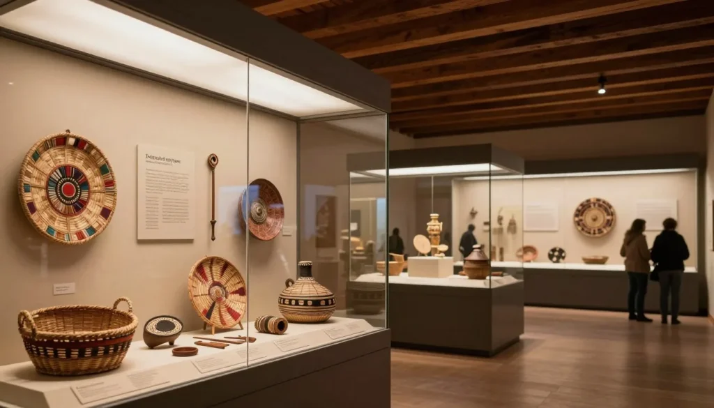 Modern museum interior with Native American artifacts and mountain culture exhibits Modern museum interior with Native American artifacts and mountain culture exhibits