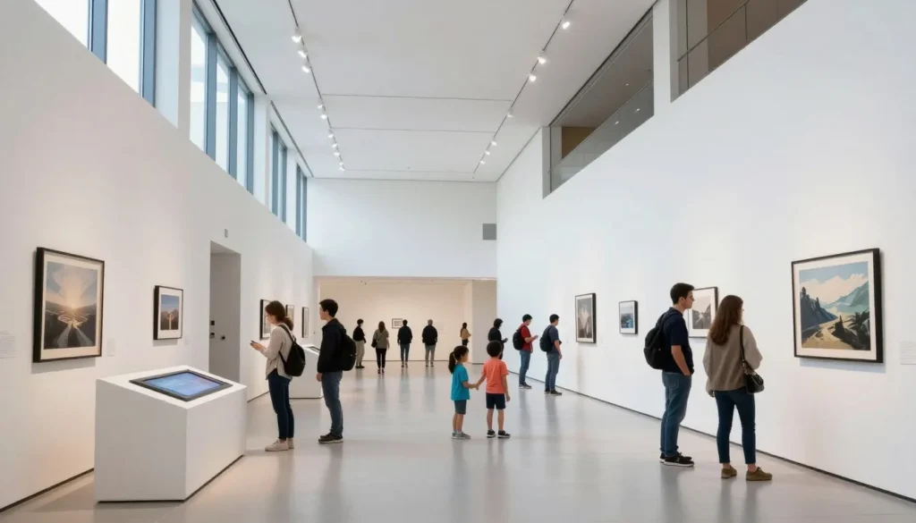 Modern museum interior with interactive displays and visitors