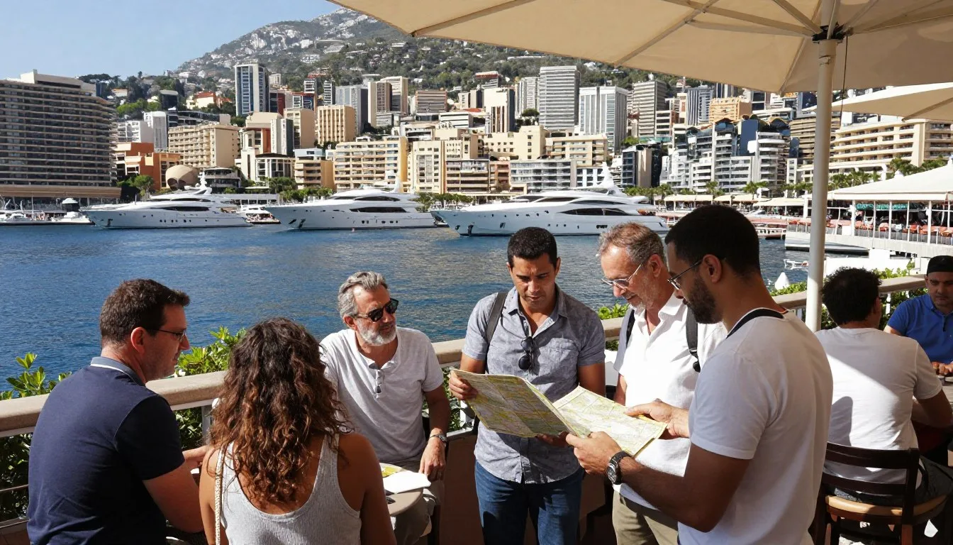 Monaco harbor with diverse tourists planning travel near waterfront cafes