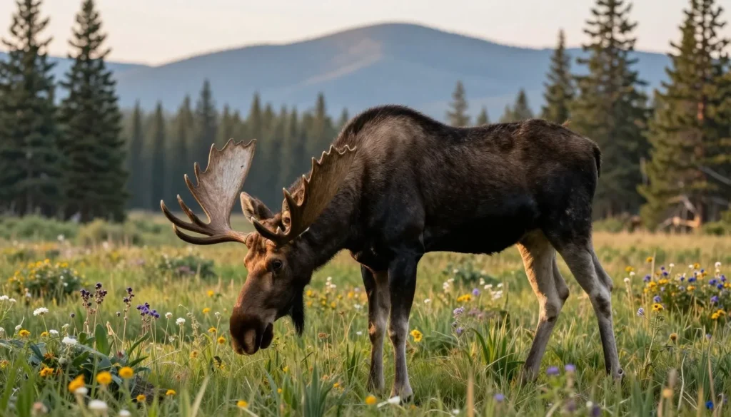 Moose grazing in meadow near Steamboat Lake with mountain backdrop Moose grazing in meadow near Steamboat Lake with mountain backdrop