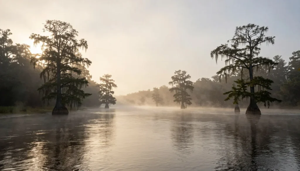 Morning mist over Pamlico River at Goose Creek State Park Morning mist over Pamlico River at Goose Creek State Park