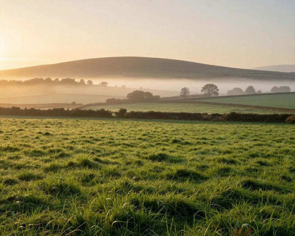 Morning mist rising over green fields near Tralee in County Kerry Morning mist rising over green fields near Tralee in County Kerry