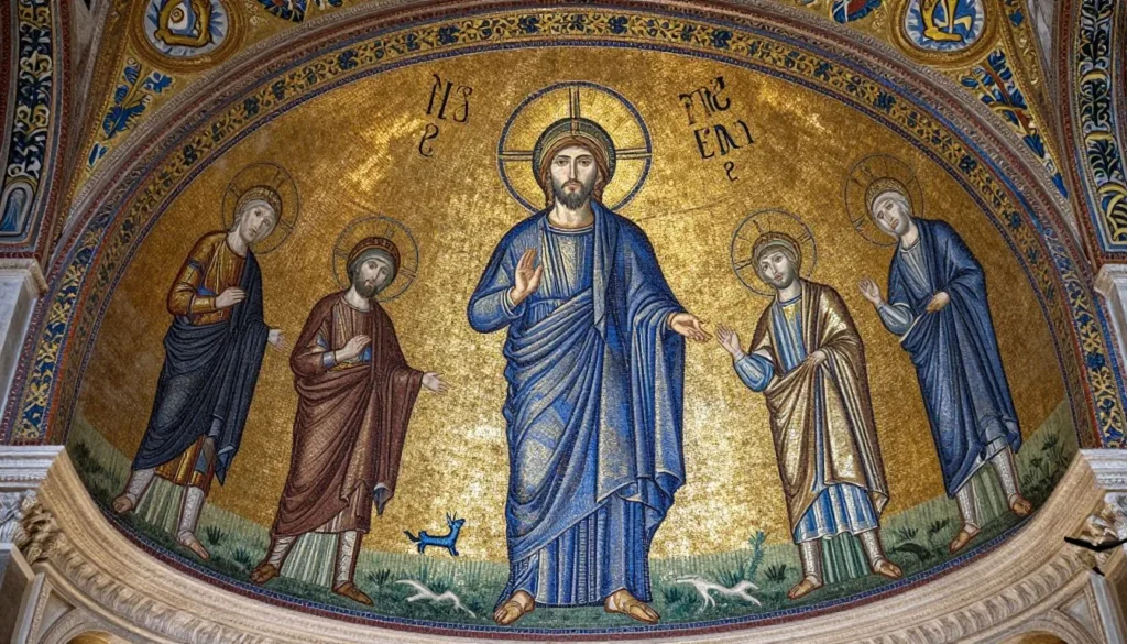 Mosaic artwork in Ravenna UNESCO World Heritage Byzantine church interior with detailed gold tesserae