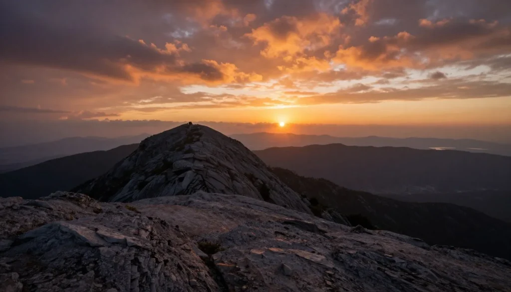 Mount Nebo peak at sunset with dramatic sky and rugged mountain terrain