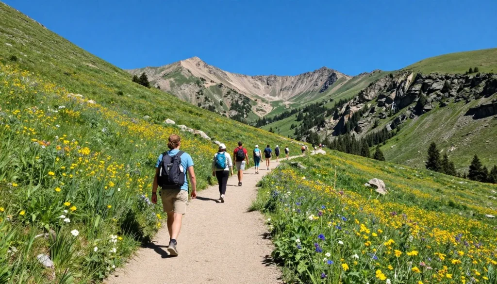 Mount Nebo trail in summer with wildflowers and clear mountain views