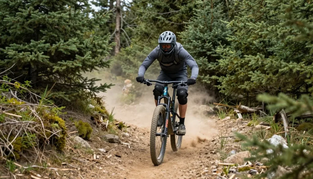 Mountain biker on forest trail in Raft River Mountains wilderness Mountain biker on forest trail in Raft River Mountains wilderness