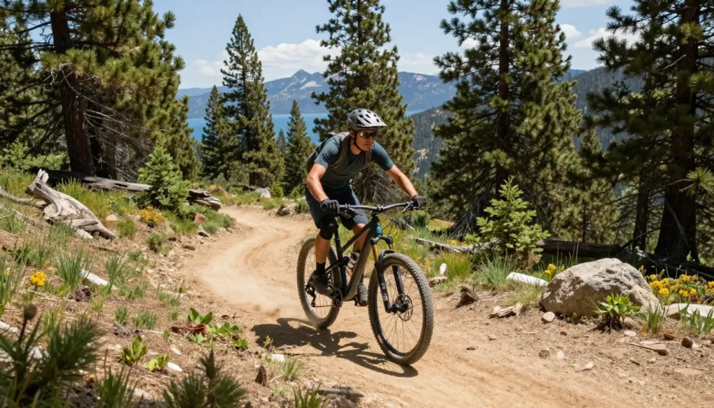 Mountain biker on forest trail with lake views