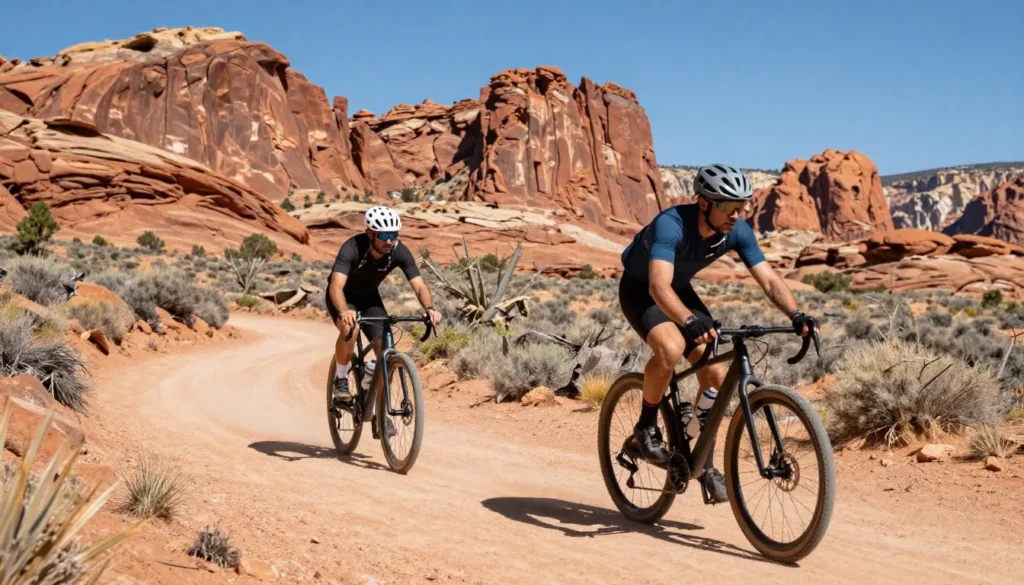 Mountain bikers on canyon trail Mountain bikers on canyon trail
