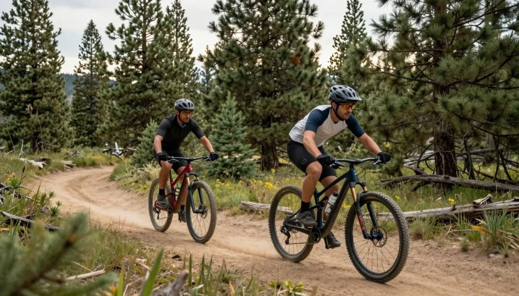 Mountain bikers on forest trail at Pine Valley Mountain bikers on forest trail at Pine Valley