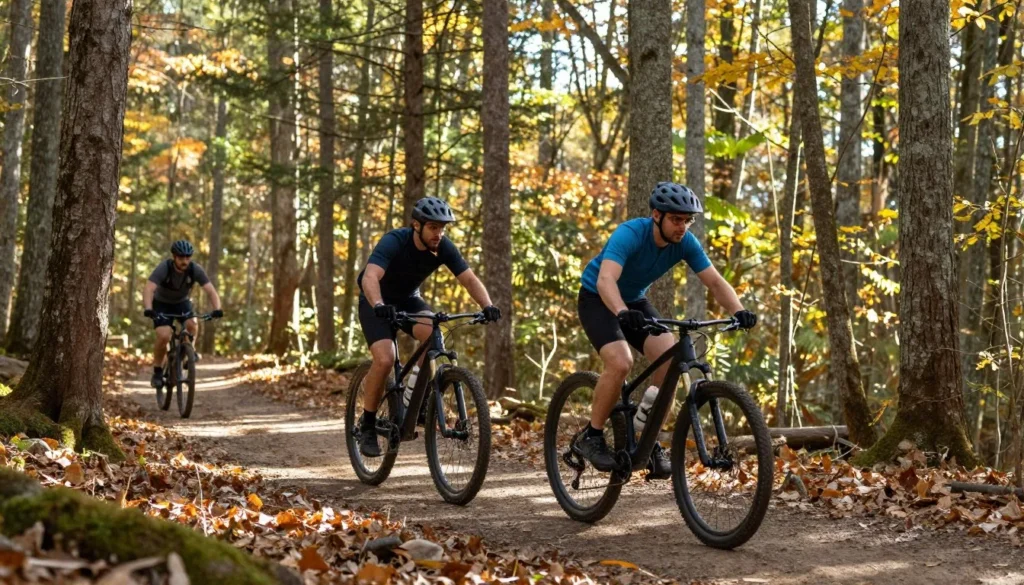 Mountain bikers on forest trail in DuPont State Forest Mountain bikers on forest trail in DuPont State Forest