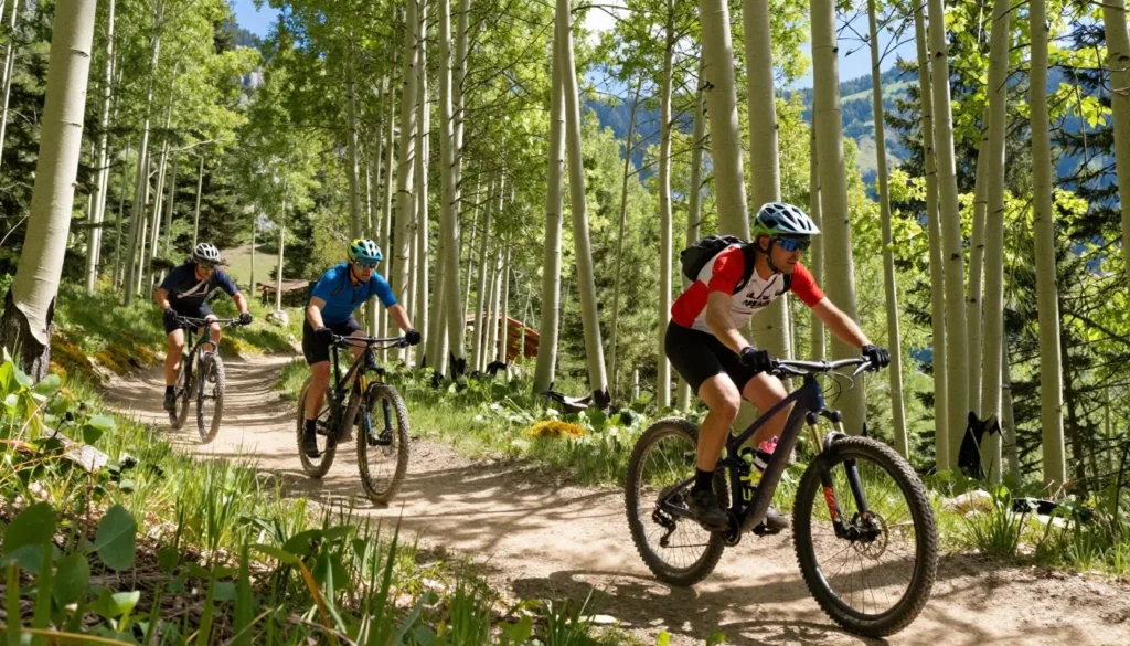 Mountain bikers on trail through aspen forest Mountain bikers on trail through aspen forest