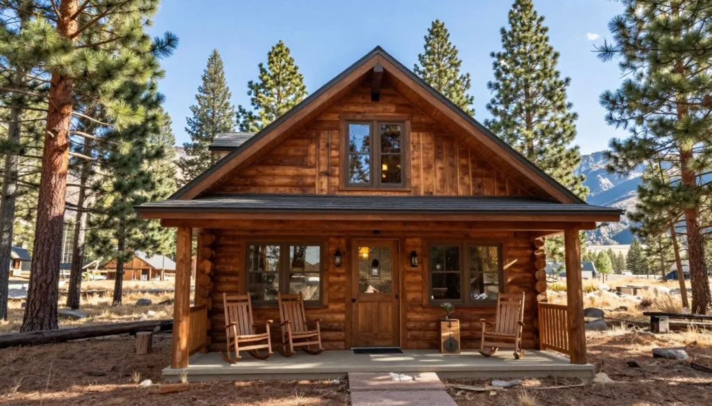 Mountain cabin exterior in forest setting