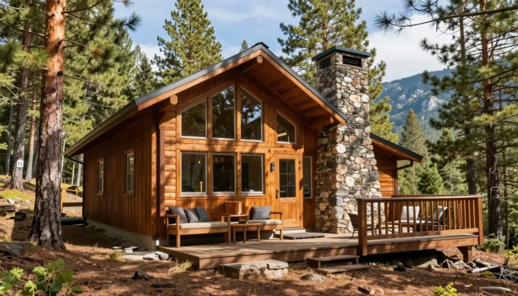 Mountain cabin exterior surrounded by pine trees with outdoor seating area Mountain cabin exterior surrounded by pine trees with outdoor seating area