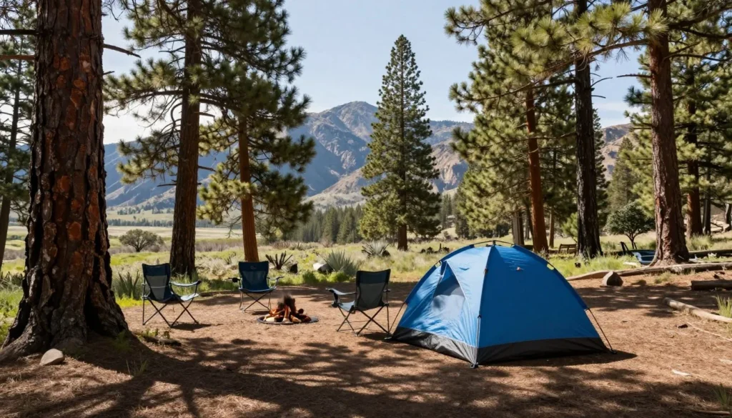 Mountain campsite with tent among pine trees in Spring Mountains wilderness setting Mountain campsite with tent among pine trees in Spring Mountains wilderness setting