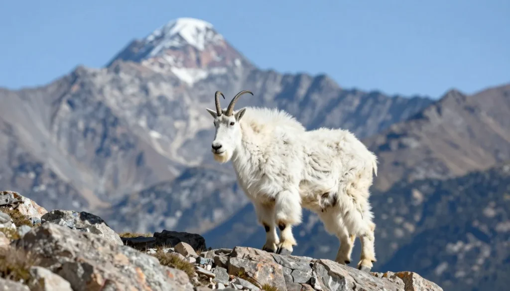 Mountain goat on rocky ledge with alpine wilderness background Mountain goat on rocky ledge with alpine wilderness background