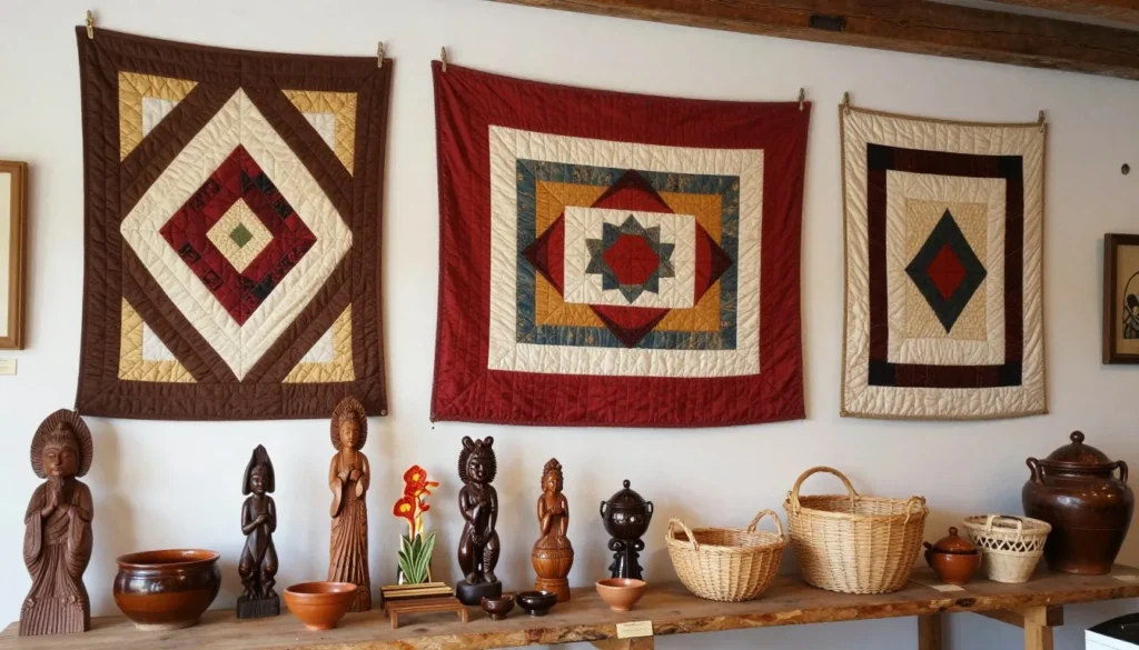 Mountain heritage crafts display with quilts and woodwork Mountain heritage crafts display with quilts and woodwork