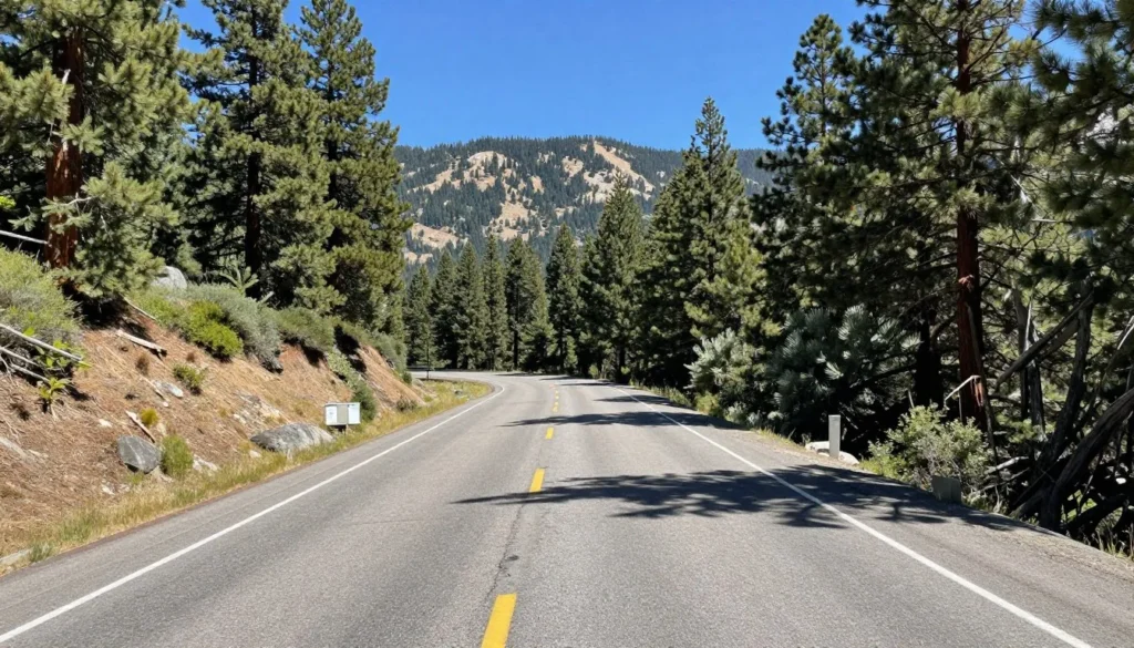 Mountain highway approaching Spooner Lake with pine forests