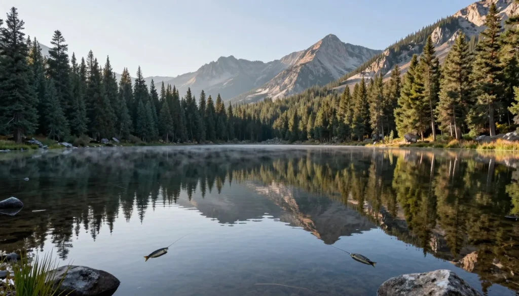 Mountain lake in La Sal Mountains with forest reflection and peaks Mountain lake in La Sal Mountains with forest reflection and peaks