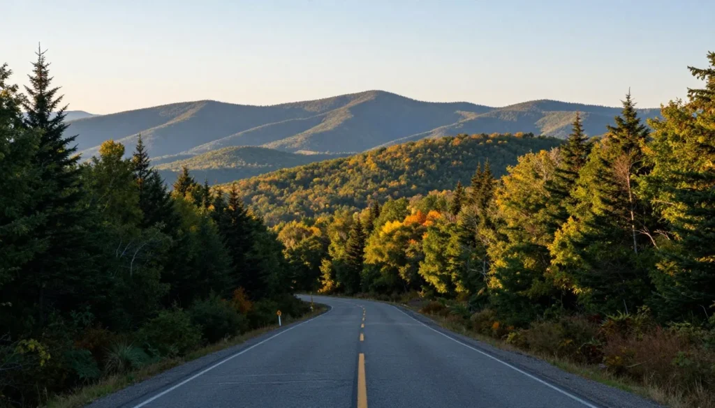 Mountain landscape view approaching Bobs Creek State Natural Area with winding roads Mountain landscape view approaching Bobs Creek State Natural Area with winding roads