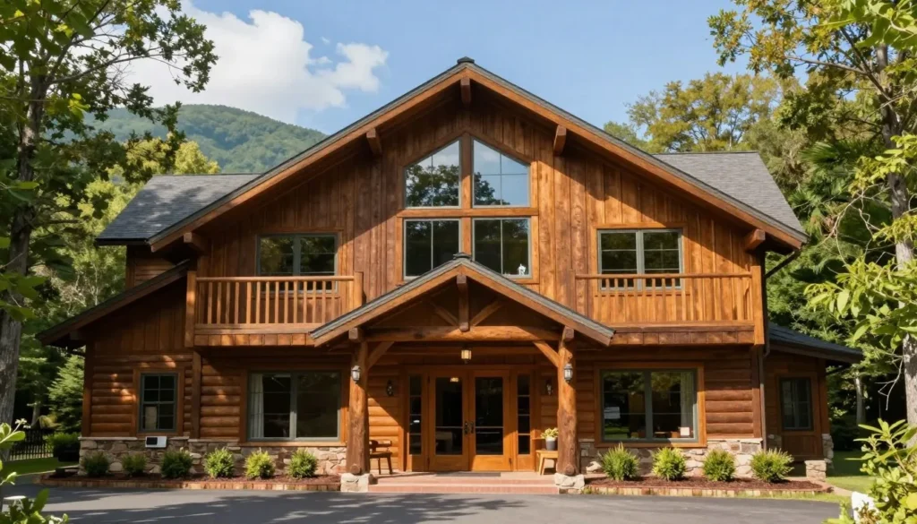 Mountain lodge exterior in North Carolina highlands surrounded by forest Mountain lodge exterior in North Carolina highlands surrounded by forest