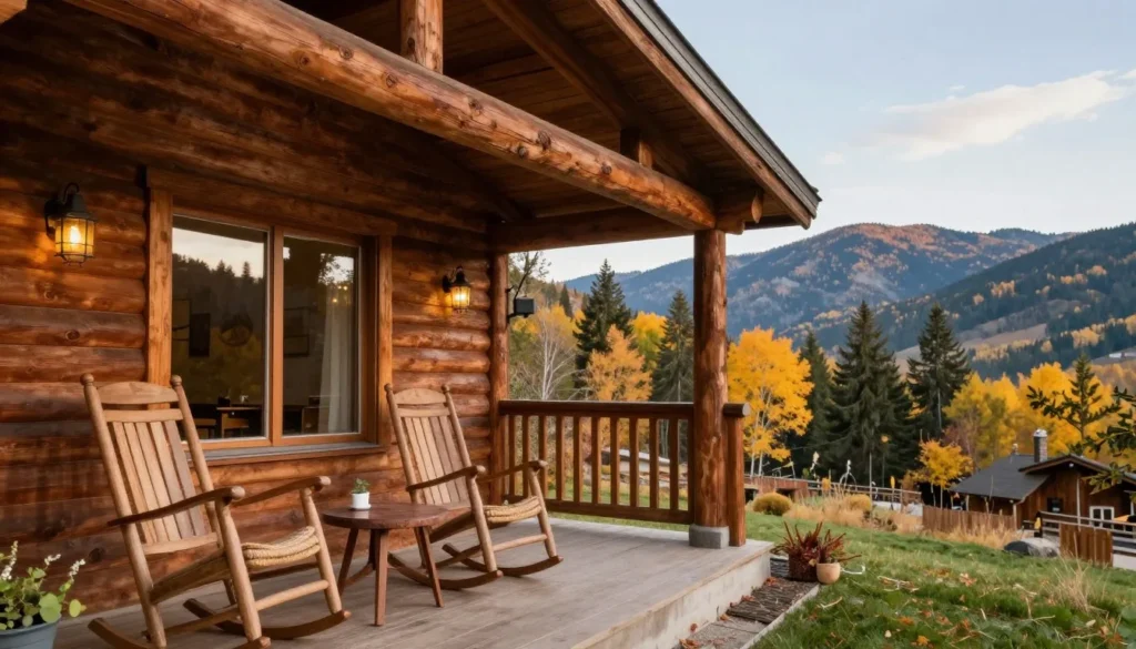 Mountain lodge exterior with rocking chairs on porch overlooking forested valley Mountain lodge exterior with rocking chairs on porch overlooking forested valley
