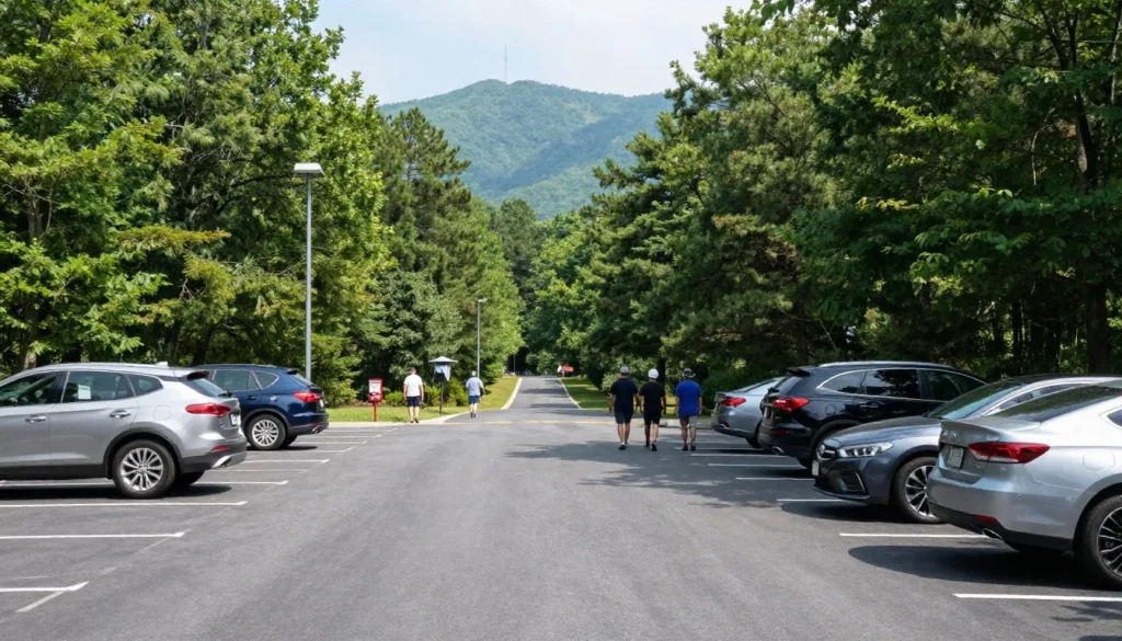 Mountain parking area with cars near forest trail entrance Mountain parking area with cars near forest trail entrance