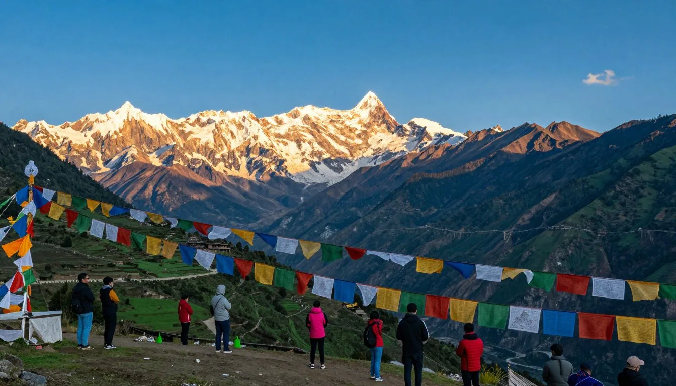 Mountain peaks of Sikkim, India with prayer flags in foreground