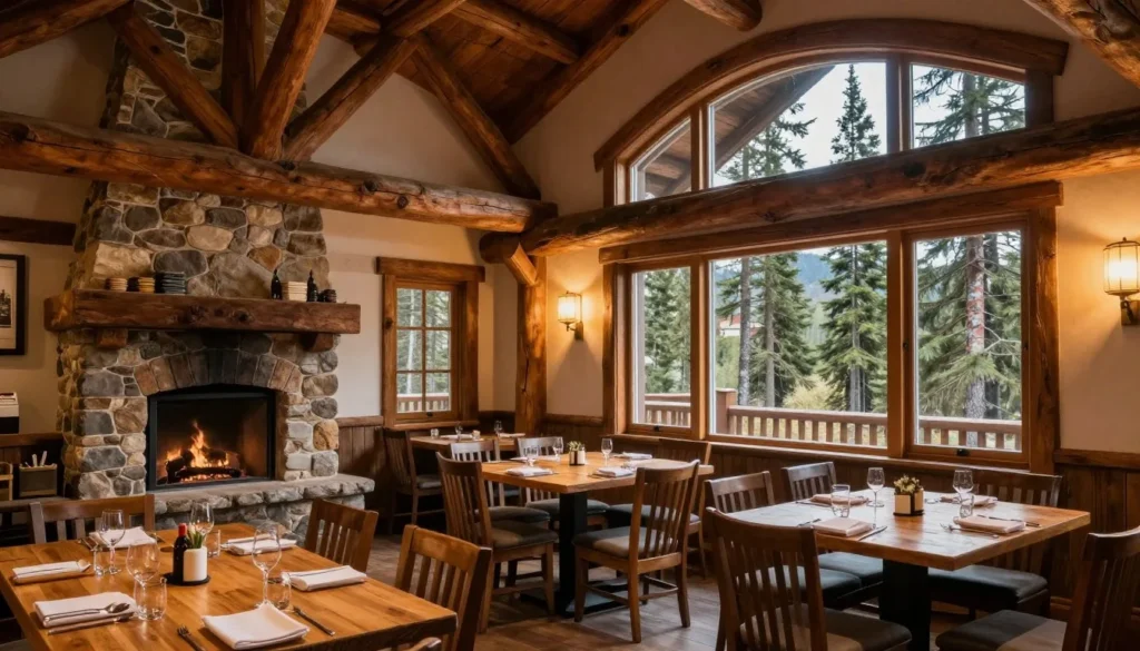 Mountain restaurant dining room with rustic decor and large windows overlooking forest Mountain restaurant dining room with rustic decor and large windows overlooking forest