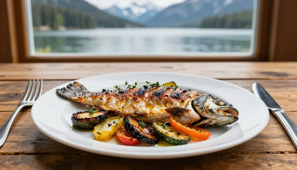 Mountain restaurant meal featuring Colorado cuisine with lake view Mountain restaurant meal featuring Colorado cuisine with lake view
