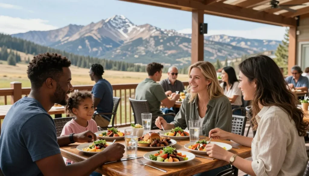 Mountain restaurant patio dining with Rocky Mountain views Mountain restaurant patio dining with Rocky Mountain views