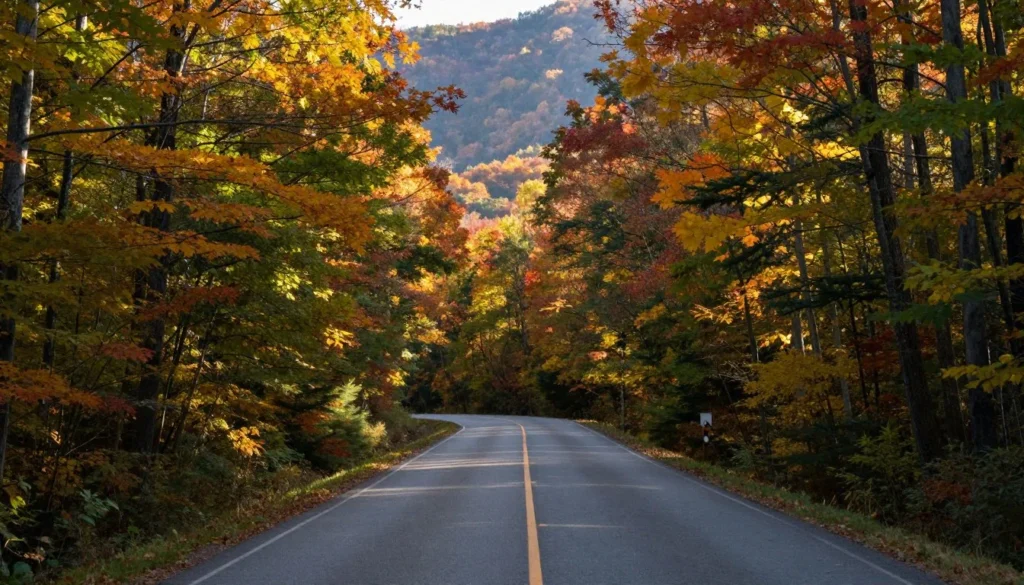 Mountain road approaching Doe Mountain area with forest surroundings
