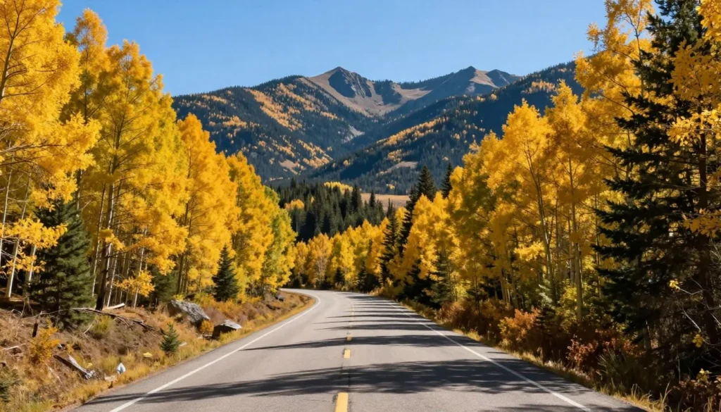 Mountain road leading through Colorado wilderness with golden aspen trees and rocky peaks Mountain road leading through Colorado wilderness with golden aspen trees and rocky peaks