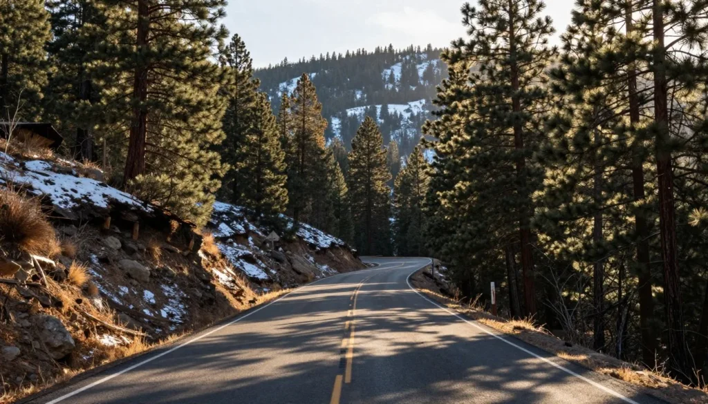Mountain road through Snowstorm Mountains forest area