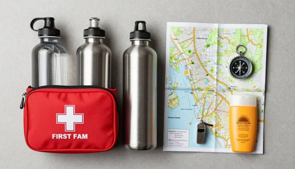 Mountain safety gear laid out including first aid kit and water bottles