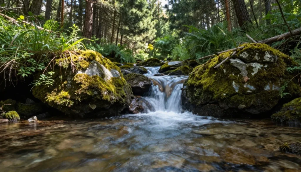 Mountain stream with clear water flowing over rocks in forest setting Mountain stream with clear water flowing over rocks in forest setting