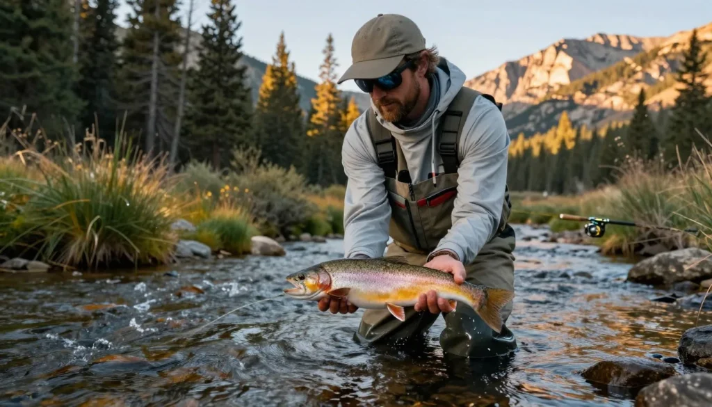Mountain stream with fly fisher